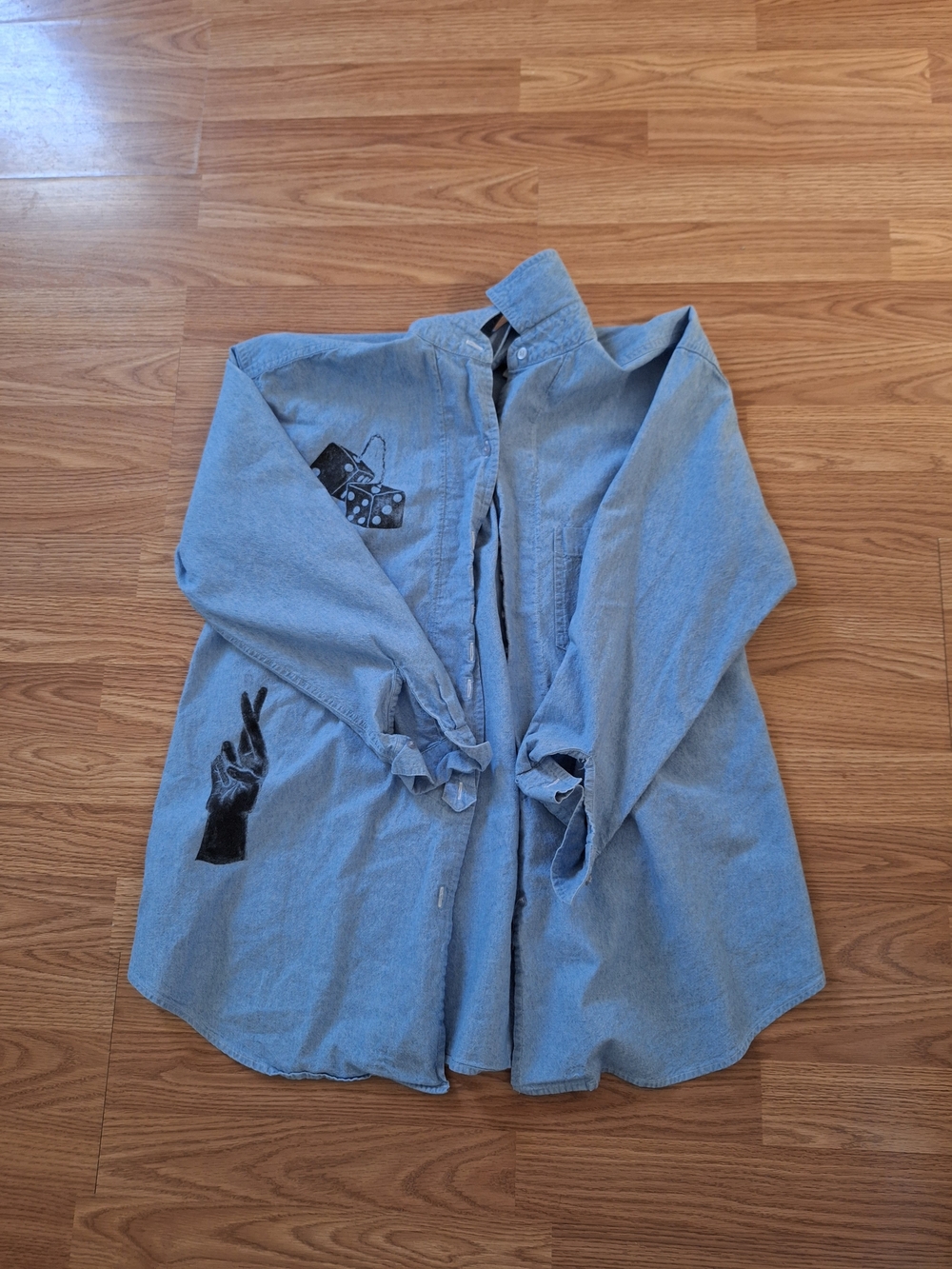 Light Blue Denim Maternity Button-Up Shirt with Black Graphics
